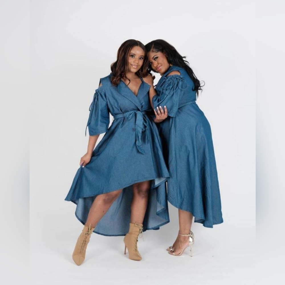 Promising Perfection Cold-Shoulder Self-Tie Denim Midi Dress
